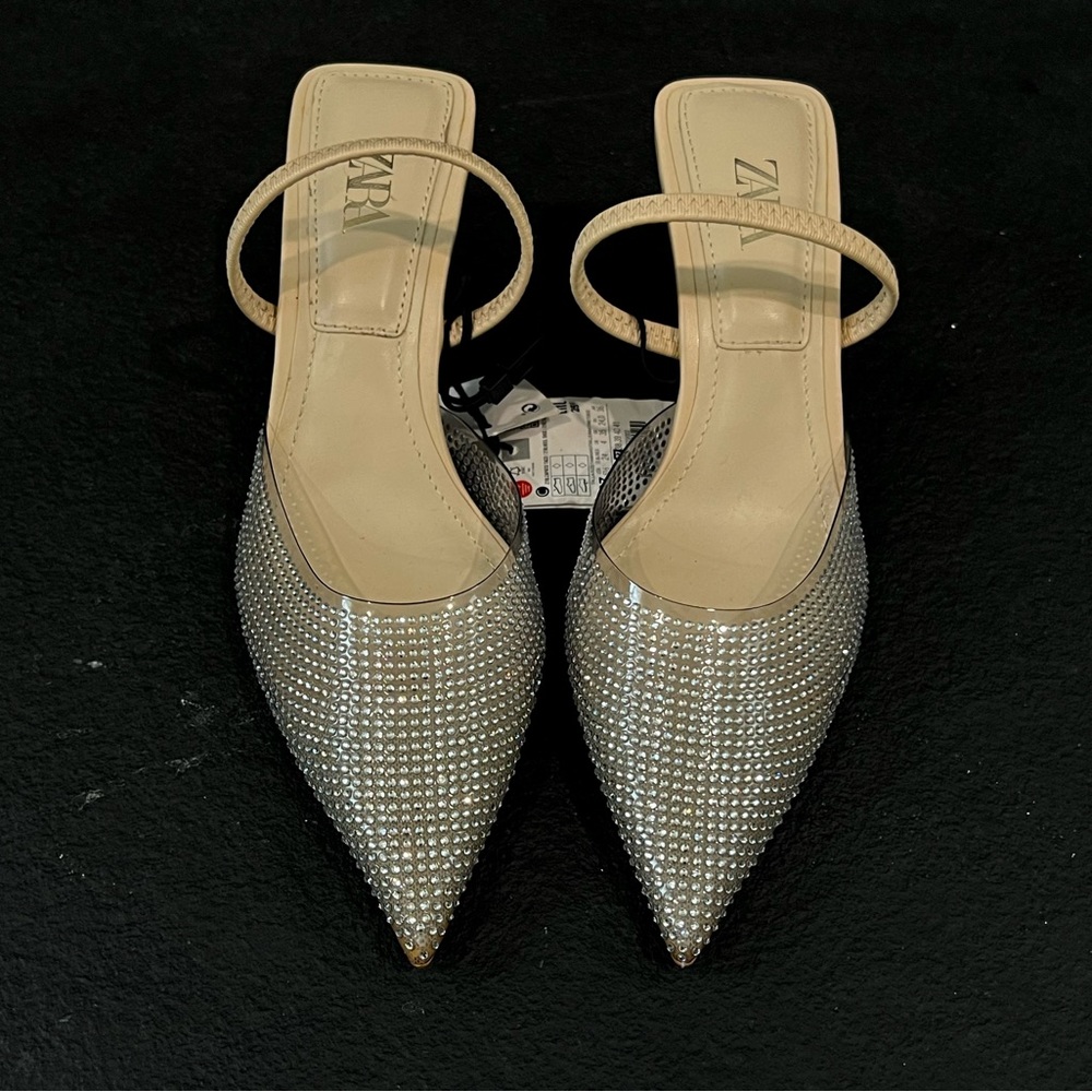 ZARA SPARKLY HEELED MULES, NUDE AND SILVER, SIZE 6.5, NWT